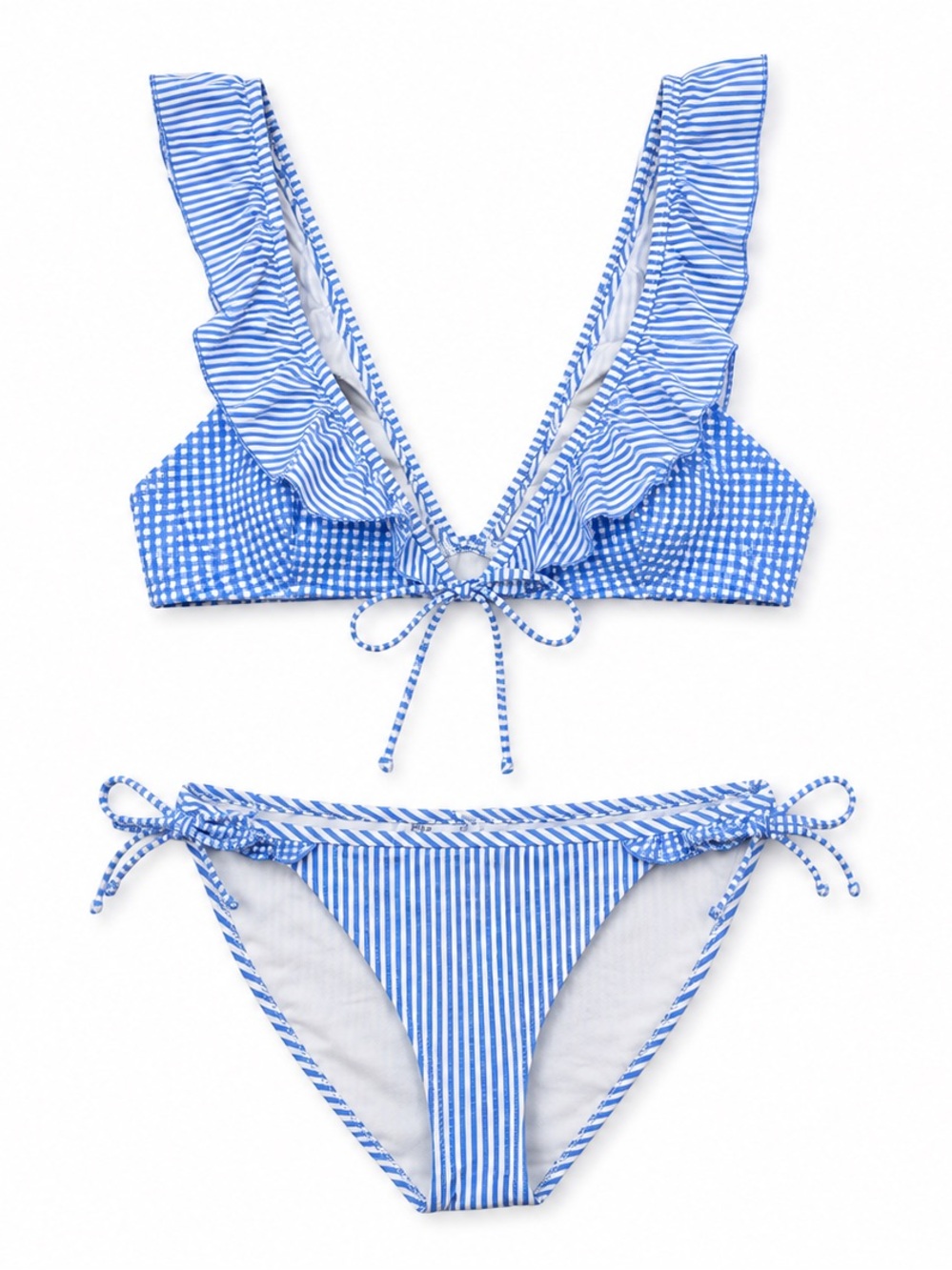 Aerie Blue/White Striped Seersucker Ruffle Bow 2-Piece Bikini Set S D Cup - Picture 3 of 5